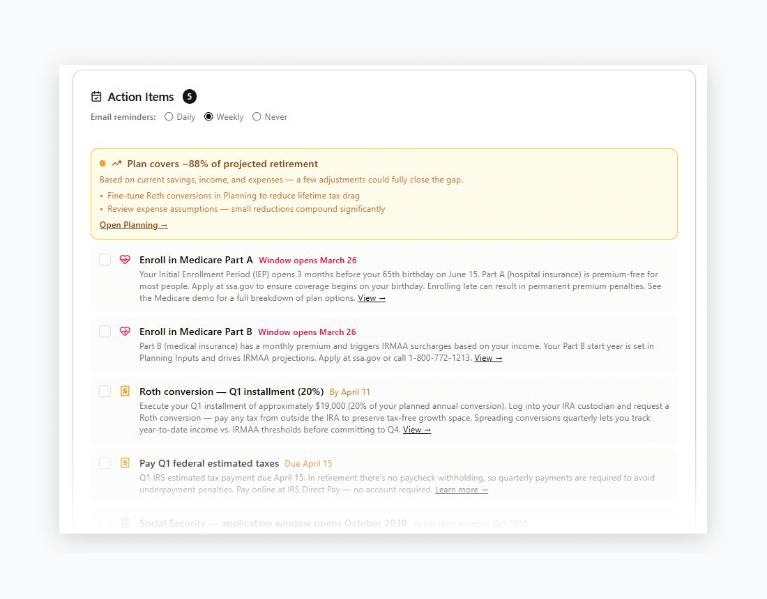Dashboard with action items panel